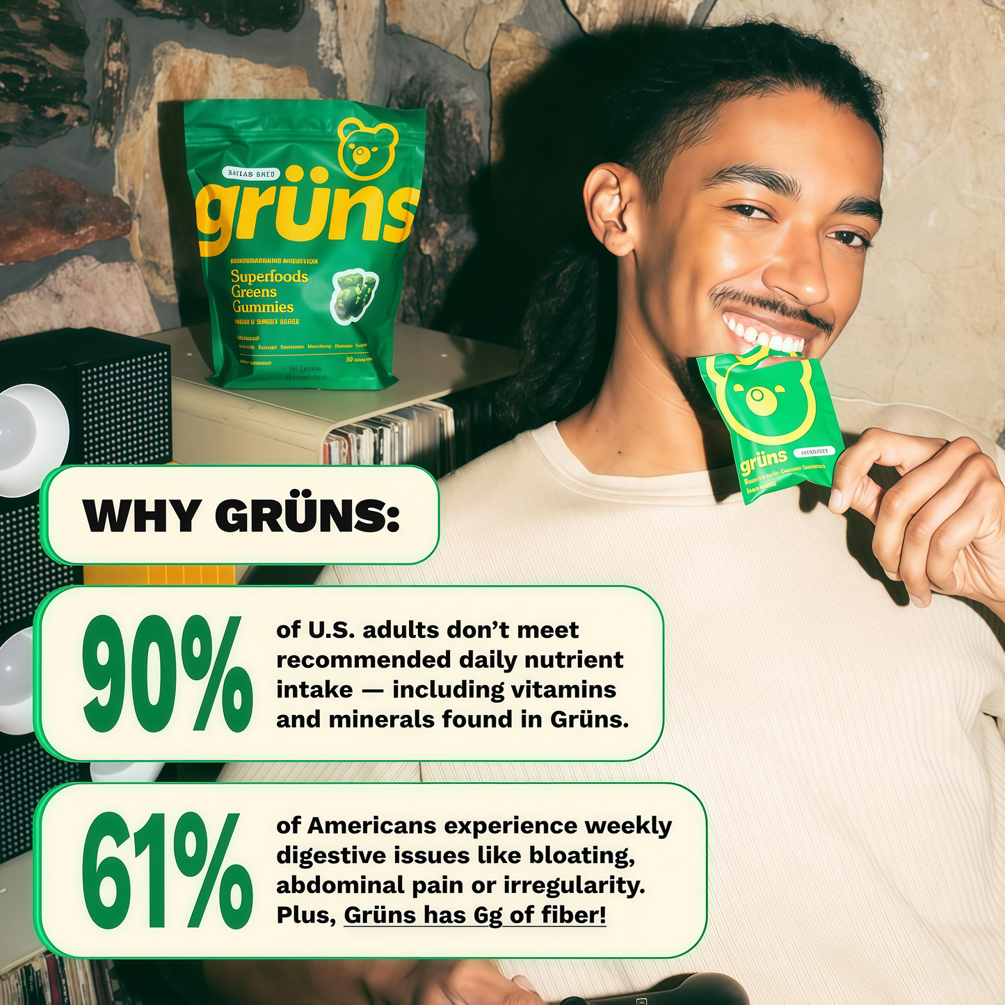 Gruns Adults Super Greens Gummies, Multivitamin Superfood Gummy Bears, Spirulina, Chlorella, Prebiotics & Fiber Gummies for Digestive Health, Adaptogens Supplement, 20 Vitamins & Minerals, 10 Count,Low Sugar