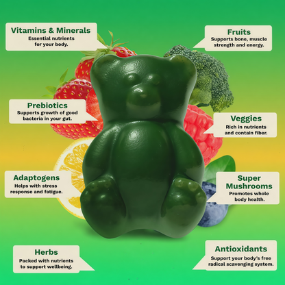 Gruns Adults Super Greens Gummies, Multivitamin Superfood Gummy Bears, Spirulina, Chlorella, Prebiotics & Fiber Gummies for Digestive Health, Adaptogens Supplement, 20 Vitamins & Minerals, 10 Count,Low Sugar
