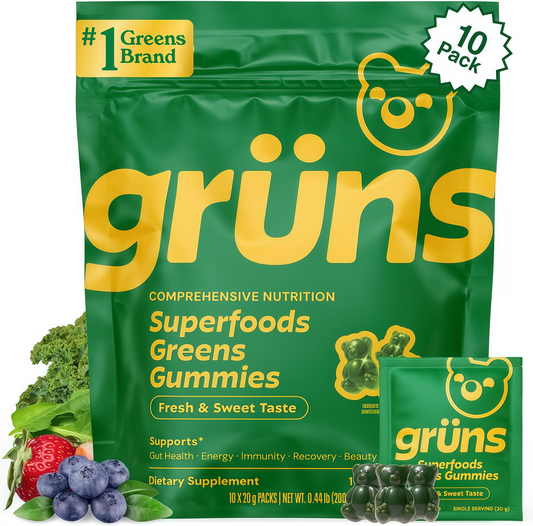 Grüns Adults Super Greens Gummies, Multivitamin Superfood Gummy Bears, Spirulina, Chlorella, Prebiotics & Fiber Gummies for Digestive Health, Adaptogens Supplement, 20 Vitamins & Minerals, 10 Count,Sugar-Free