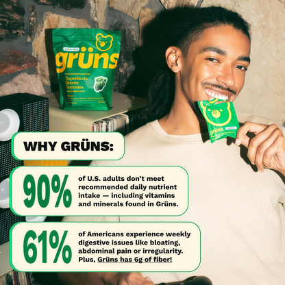 Gruns Adults Super Greens Gummies, Multivitamin Superfood Gummy Bears, Spirulina, Chlorella, Prebiotics & Fiber Gummies for Digestive Health, Adaptogens Supplement, 20 Vitamins & Minerals, 10 Count,Low Sugar