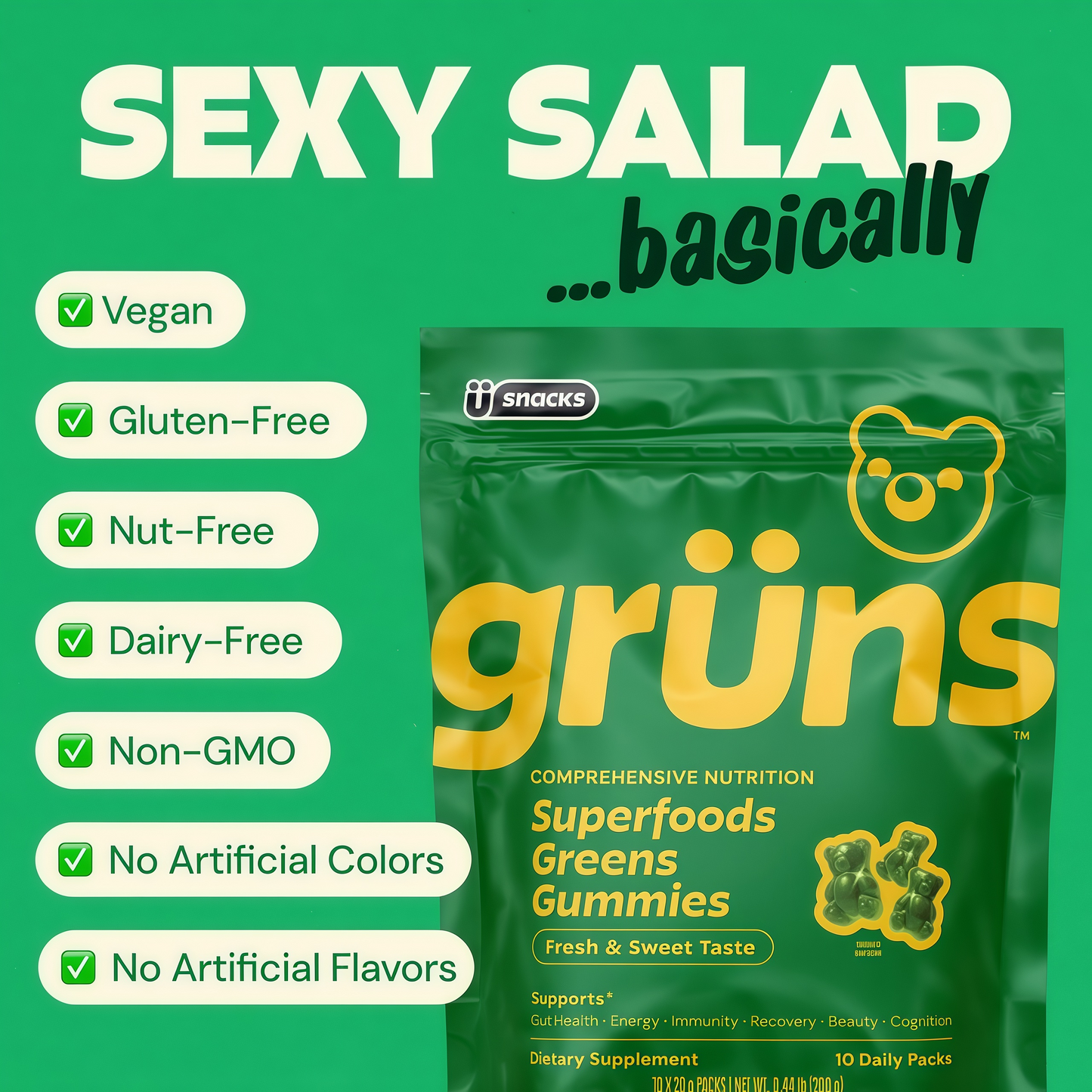 Gruns Adults Super Greens Gummies, Multivitamin Superfood Gummy Bears, Spirulina, Chlorella, Prebiotics & Fiber Gummies for Digestive Health, Adaptogens Supplement, 20 Vitamins & Minerals, 10 Count,Low Sugar