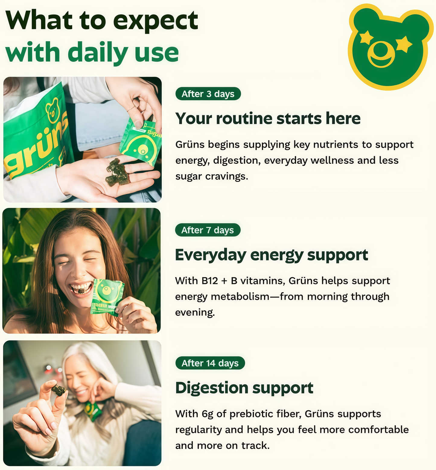 Grüns Adults Super Greens Gummies, Multivitamin Superfood Gummy Bears, Spirulina, Chlorella, Prebiotics & Fiber Gummies for Digestive Health, Adaptogens Supplement, 20 Vitamins & Minerals, 10 Count,Sugar-Free