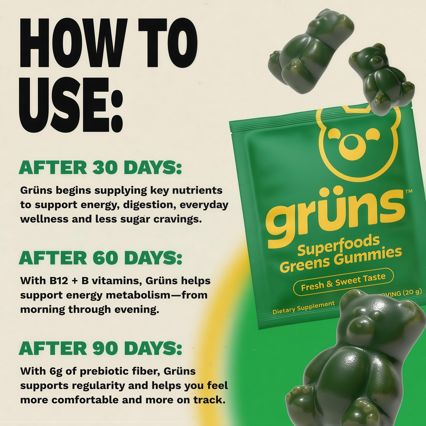 Grüns Adults Super Greens Gummies, Multivitamin Superfood Gummy Bears, Spirulina, Chlorella, Prebiotics & Fiber Gummies for Digestive Health, Adaptogens Supplement, 20 Vitamins & Minerals, 10 Count,Sugar-Free