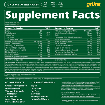 Gruns Adults Super Greens Gummies, Multivitamin Superfood Gummy Bears, Spirulina, Chlorella, Prebiotics & Fiber Gummies for Digestive Health, Adaptogens Supplement, 20 Vitamins & Minerals, 10 Count,Low Sugar