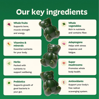 Gruns Adults Super Greens Gummies, Multivitamin Superfood Gummy Bears, Spirulina, Chlorella, Prebiotics & Fiber Gummies for Digestive Health, Adaptogens Supplement, 20 Vitamins & Minerals, 10 Count,Low Sugar
